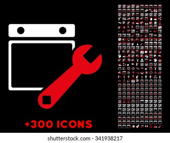 Date Options vector pictogram with additional 300 date and time management icons. Style is bicolor flat symbols, red and white colors, rounded angles, black background.