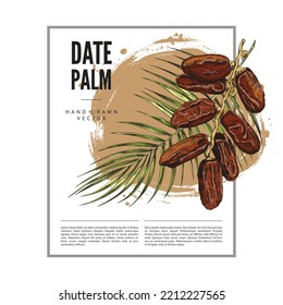 Date palm banner with rectangular blank frame for brand name and branch of palm. Dates packaging label or badge, sketch vector illustration isolated on white background.