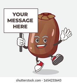 Date Palm Fruit cartoon mascot character with board sign message