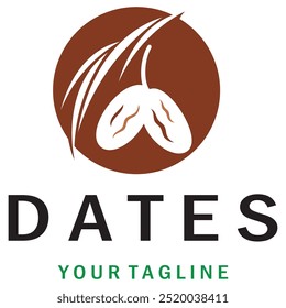 Diseño del logotipo de la planta de la palmera datilera con hojas, semillas y fondo aislado de palmera datilera planta orgánica exótica.