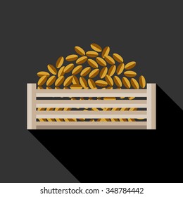 Date palm fruits in wooden crate. Arabic food. Flat style vector illustration. Ramadan iftar symbol.