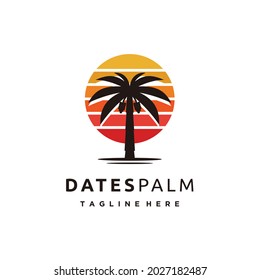 Date palm silhouette and sunset logo design template