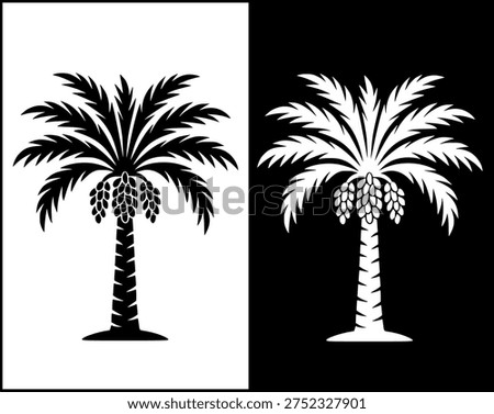 Date palm tree illustration icon, black and white in original and negative versions, for plant design