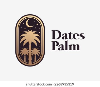 Date Palm Tree Night Sky Crescent Moon Star Light Vintage Stamp Label Badge Gold Vector Logo Design