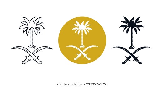 Date Palm Tree and Two Swords Kingdom of Saudi Arabia Logo Emblem. Linie handgezeichnet Silhouette. Luxus Design Vectorsymbol Illustration