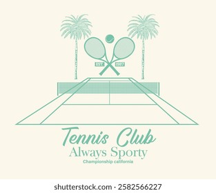 Date palm tree vector design. Tennis court graphic design. Malibu california tennis club artwork for t shirt, posters, stickers, background and others.