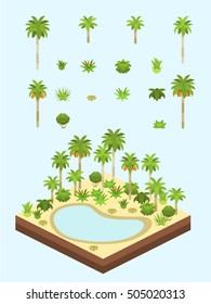 Date palm trees and bushes for isometric Saharan/Arabian desert oasis scene.

