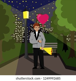 A date in the park, the guy is waiting for his girlfriend with a bouquet and a heart-shaped balloon. Night park and street lamp. Illustration in flat style
