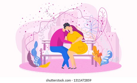 Date in the park on the bench, gentle words, a declaration of love. Love couples of young people. Happy lovers. Hugs and kisses, promises of eternal love. Characters for card for Valentine Day.
