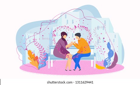 Date in the park on the bench, gentle words, a declaration of love. Love couples of young people. Happy lovers. Hugs and kisses, promises of eternal love. Characters for card for Valentine Day.