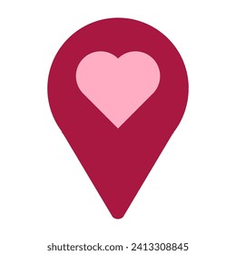 Date place gps pin decorated heart icon vector. Romantic dating location decorated love symbol. Valentine day holiday celebration, digital map navigation marker flat cartoon illustration