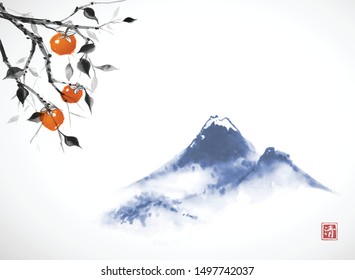 Date plum tree and far blue mountains on white background. Traditional oriental ink painting sumi-e, u-sin, go-hua. Hieroglyph - clarity