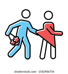 Date rape blue, red color icon. Women abuse, violent behavior. Sexual harassment of women, girls. Victim of assault. Unwanted sexual activity, sex without consent. Isolated vector illustration