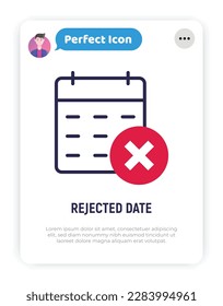 Date rejected thin line icon: cross mark on calendar. Cancel date. Modern vector illustration.