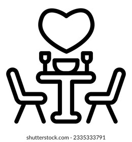 Date at restaurant line icon, valentine day concept, set table with chairs and heart sign on white background, romantic evening icon in outline style for mobile concept. Vector graphics