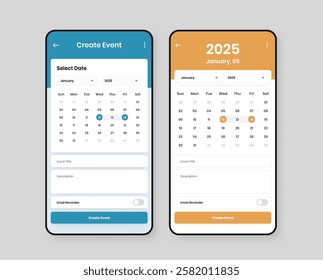 Date Selection and Event Creation UI Design for Mobile Applications with Two Theme Variations
