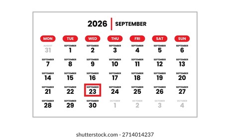 A data 23 de setembro de 2026 marcado com um cursor vermelho na parede