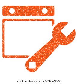 Date Setup grainy textured icon for overlay watermark stamps. Flat symbol with dust texture. Dotted vector orange ink rubber seal stamp with grunge design on a white background.
