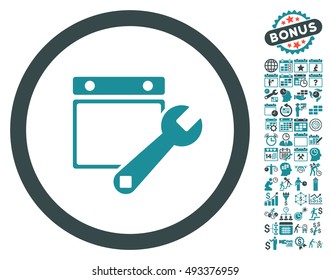 Date Setup icon with bonus calendar and time management graphic icons. Vector illustration style is flat iconic bicolor symbols, soft blue colors, white background.