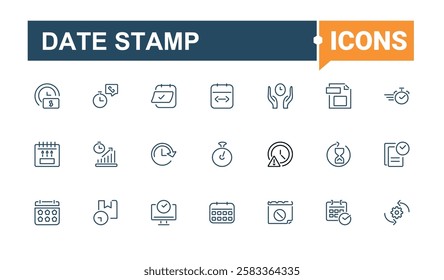 Date Stamp icons set in linear style. Icons dial, speed, clock, countdown, contact, bell, graphic and more. Outline icon collection. Editable stroke. Vector illustration.