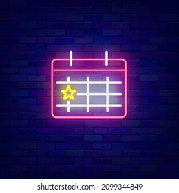 Date stamped calendar neon icon. Happy Birthday concept. Outer glowing effect banner. Holiday celebration design on brick wall. Luminous label. Editable stroke. Vector stock illustration