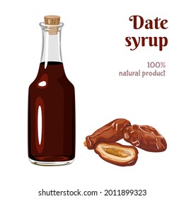 Date syrup in glass bottle isolated on white background. Dried date  fruit. Vector illustration of natural sweetener in cartoon flat style.