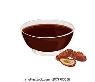 Date syrup in glass bowl with dried date fruits isolated on white. Vector organic sweet food illustration. Cartoon flat style.