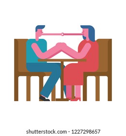 Date at table hold hands and kiss. rendezvous in cafe. Man and woman. Love couple
