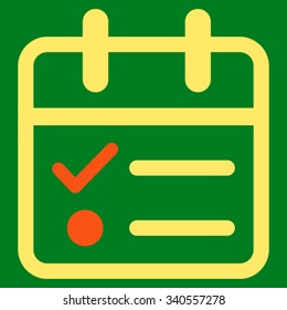 Date Tasklist vector icon. Style is bicolor flat symbol, orange and yellow colors, rounded angles, green background.