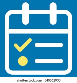 Date Tasklist vector icon. Style is bicolor flat symbol, yellow and white colors, rounded angles, blue background.