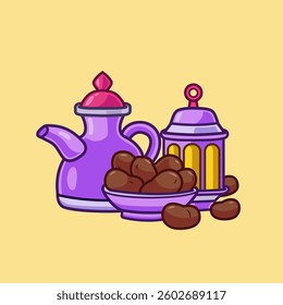 Date With Tea Pot And Lanter Lamp Cartoon Vector Icon Illustration. Food Drink Icon Concept Isolated Premium Vector. Flat Cartoon Style