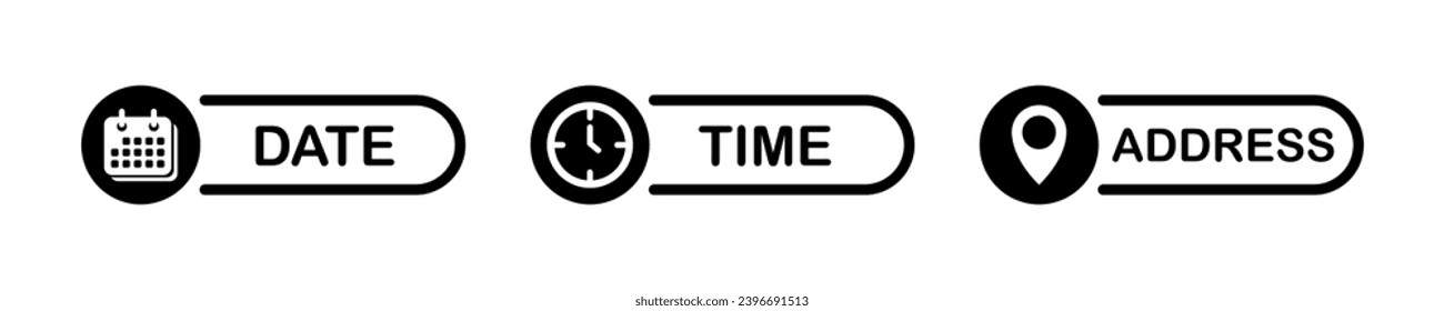 Iconos negros de fecha, hora y dirección. Ubicación, calendario, iconos de reloj.