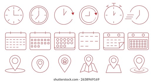 Date, Time, Address icon. place, time and date icon set. set. Time, date, location or place icon.