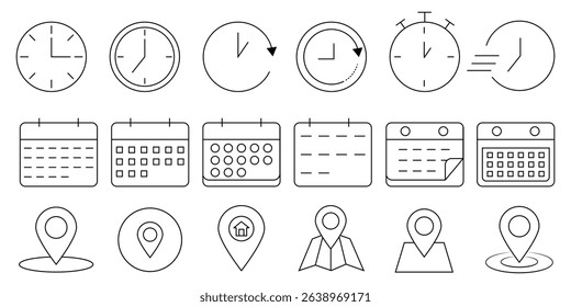 Date, Time, Address icon. place, time and date icon set. set. Time, date, location or place icon.
