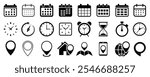 Date, time and address icon set, web icons calendar, clock, stopwatch timer, location pin signs