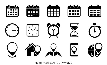 Date, time and address icon set, calendar, clock, location pin signs