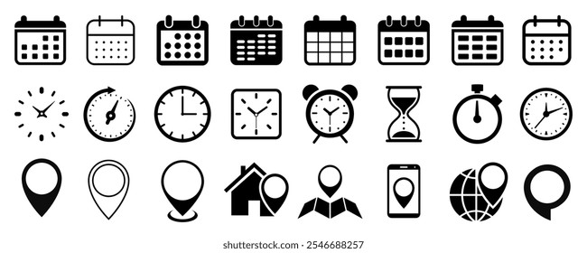 Date, time and address icon set, web icons calendar, clock, stopwatch timer, location pin signs