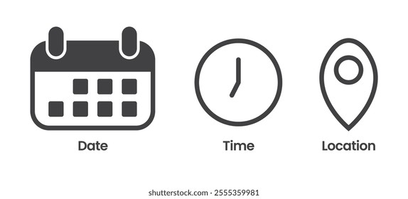 Date Time and address icon set. Calendar  clock  location. Linear vector outline illustration. Vector illustration.
