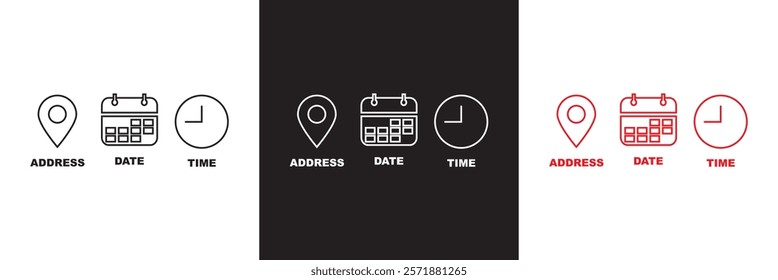 Date, Time, Address icon set. Event icons vector. Location, Calendar and  clock icon. isolated on white and black background. vector illustration. EPS 10 