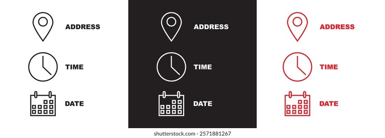 Date, Time, Address icon set. Event icons vector. Location, Calendar and  clock icon. isolated on white and black background. vector illustration. EPS 10 