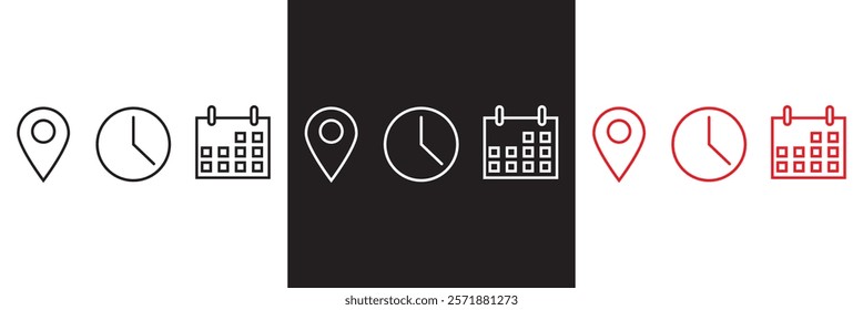 Date, Time, Address icon set. Event icons vector. Location, Calendar and  clock icon. isolated on white and black background. vector illustration. EPS 10 