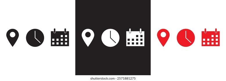 Date, Time, Address icon set. Event icons vector. Location, Calendar and  clock icon. isolated on white and black background. vector illustration. EPS 10 