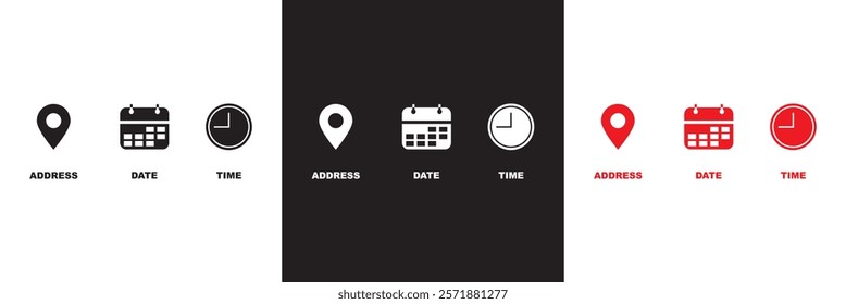 Date, Time, Address icon set. Event icons vector. Location, Calendar and  clock icon. isolated on white and black background. vector illustration. EPS 10 