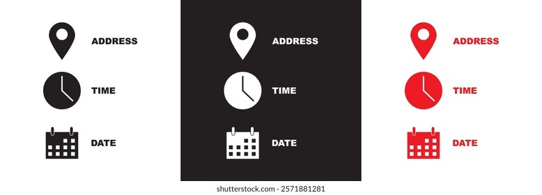 Date, Time, Address icon set. Event icons vector. Location, Calendar and  clock icon. isolated on white and black background. vector illustration. EPS 10 