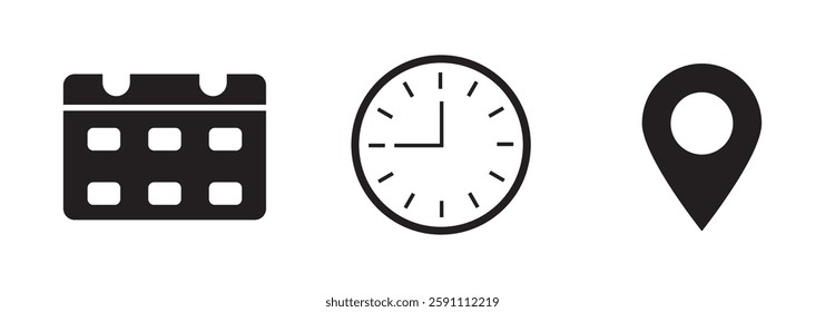  Date, Time and Address icon set isolated on transparent background