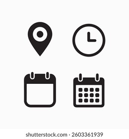 Date, time, and address icon set. Event icons vector featuring location, calendar, and clock symbols in a transparent PNG format..