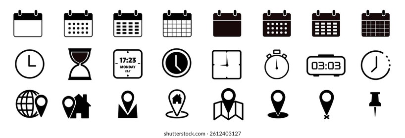 Date, time and address icon set, web icons calendar, clock, stopwatch timer, location pin signs	