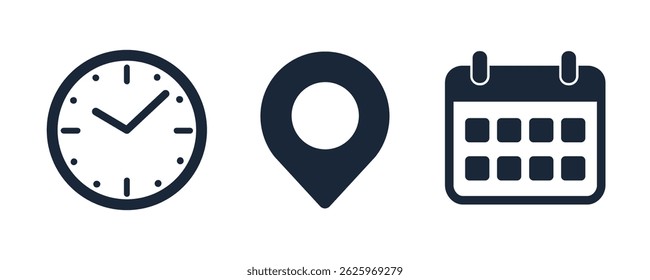 Date, time and address icon set, reminder calendar, clock, stopwatch timer, location pin signs, business schedule signs - vector