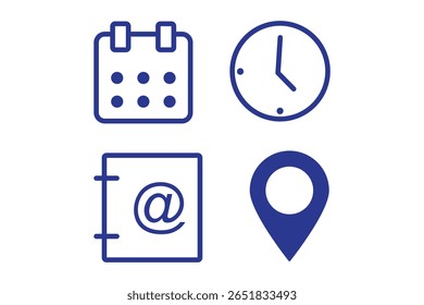 Date, Time, Address icon set. Event icons vector. Address. time, and date icon vector. Event elements isolated on transparent background.