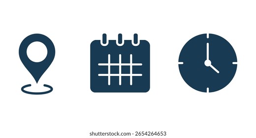 Fecha, hora, conjunto de iconos de Dirección. Vector de iconos de eventos. Dirección. Vector de ícono de hora y fecha. eps 10